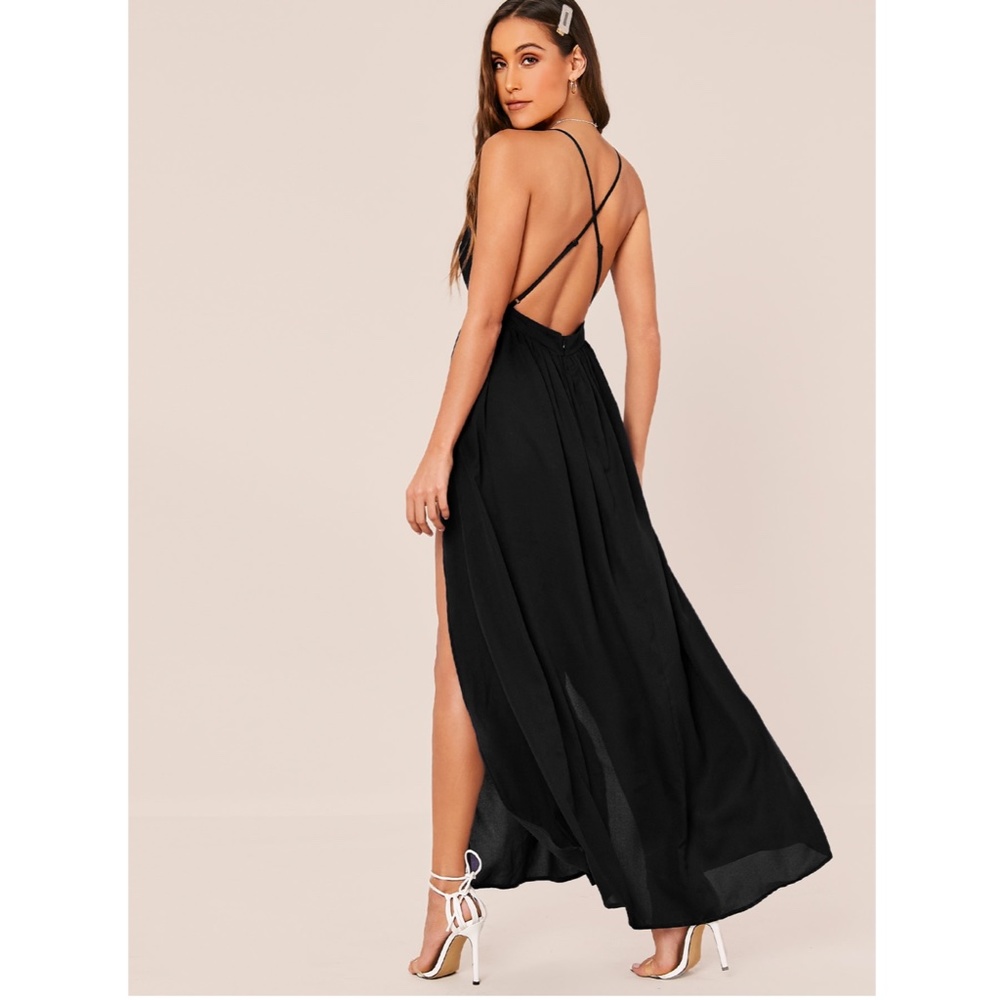 Deep V Backless High Leg Slit Maxi Dress in Black - Picture 3 of 9